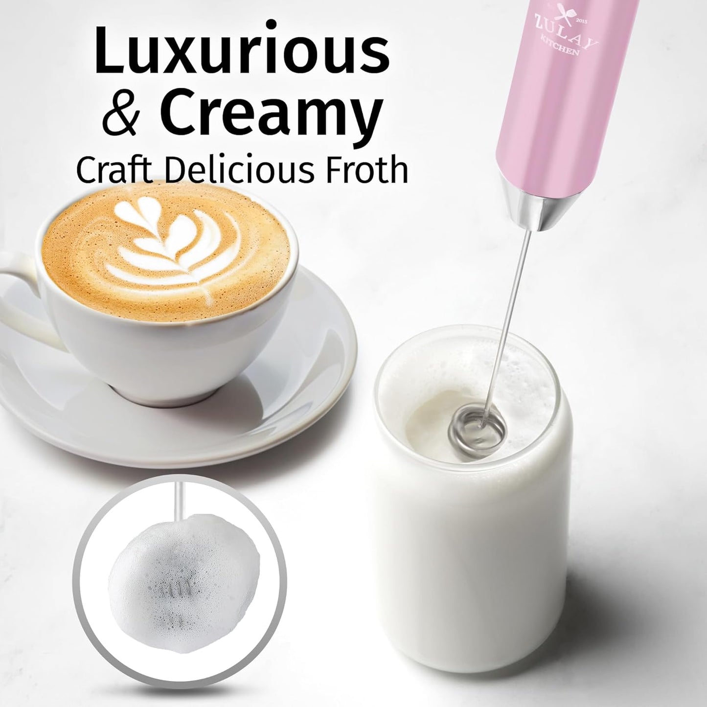Zulay Kitchen Rechargeable Milk Frother - Powerful 2-Speed Motor, Waterproof, 2000mAh Battery | Pink Bubblegum Drink Mixer for Latte, Cappuccino & Matcha