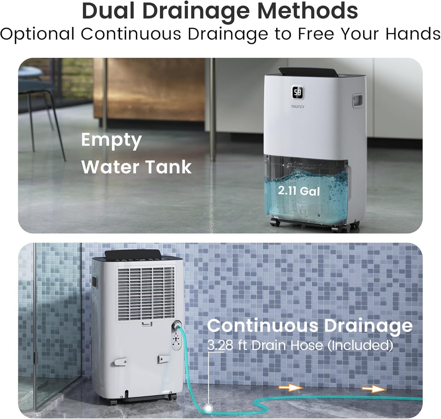 Yaufey 150 Pints Dehumidifier for Home, Basement and Large Room up to 7000 Sq. Ft., with Drain Hose, Timer, Intelligent Humidity Control and Large Water Tank