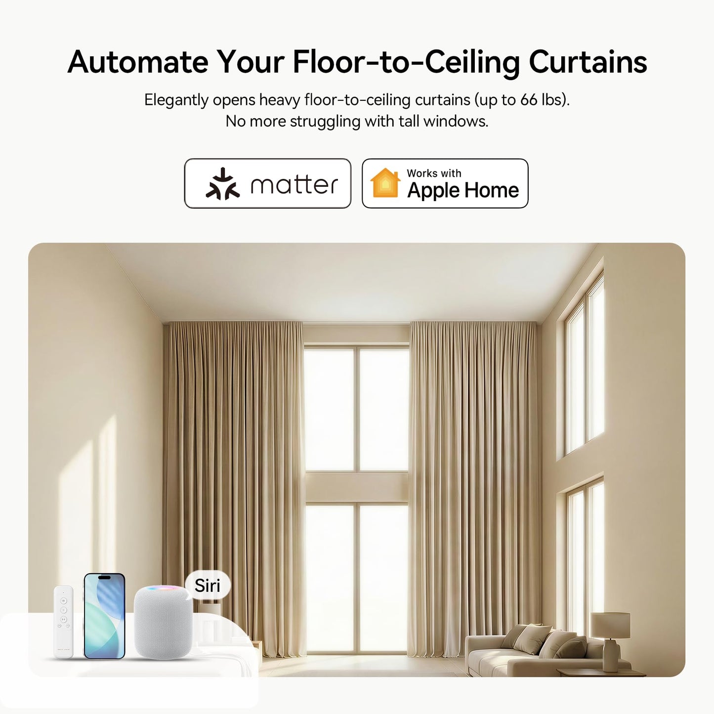 Remac M1 No-Cut Telescopic Motorized Curtain Track, Apple Home Certified Matter Smart Curtain System, Works with HomeKit Alexa Google Siri, Ceiling/Wall Mount for Bedroom Nursery Small Windows 42"-66"