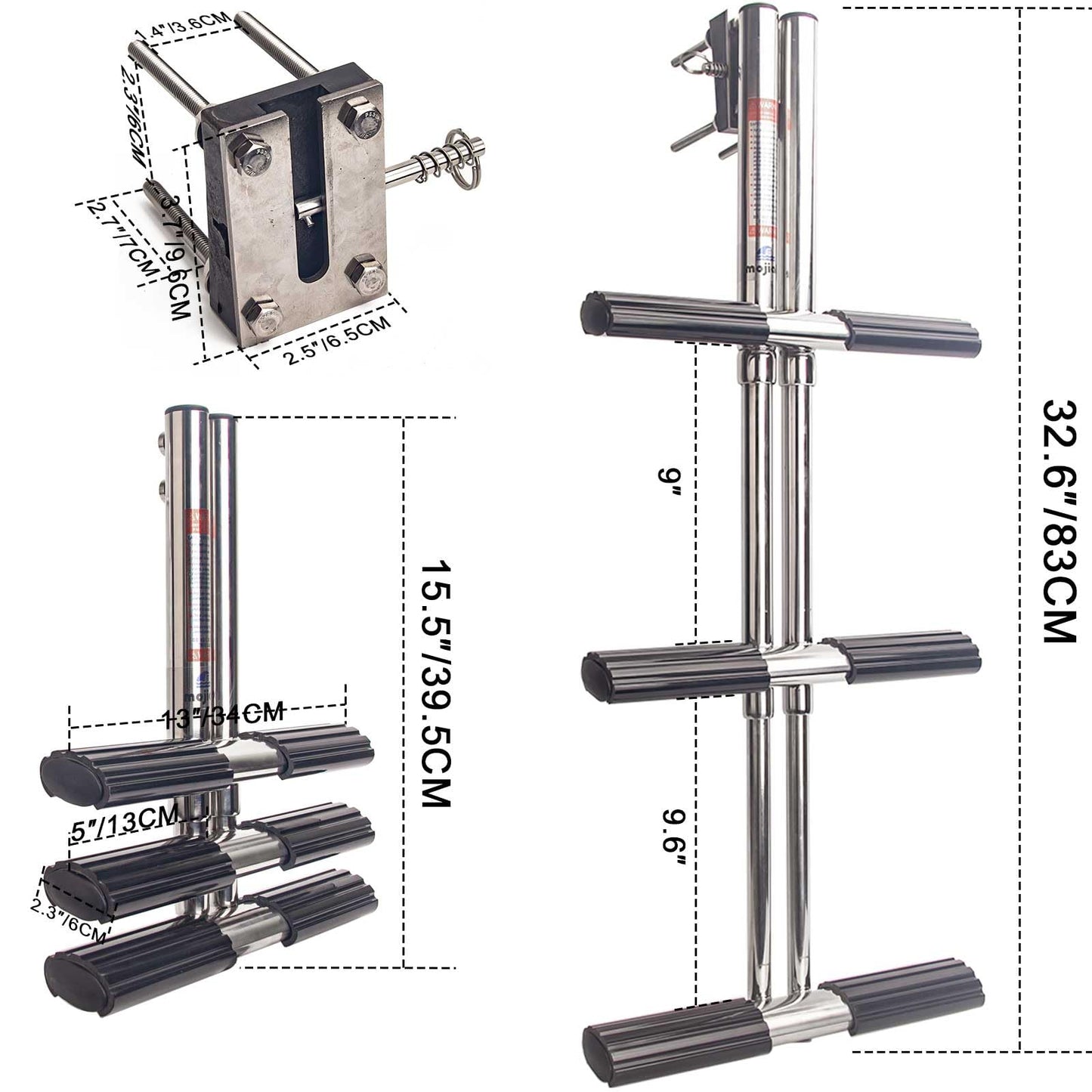 Mojiate 3-Step Stainless Steel Dive Ladder - Heavy Duty Telescoping Boat Ladder for Marine, Yacht, RV, Pontoon & Pool Use