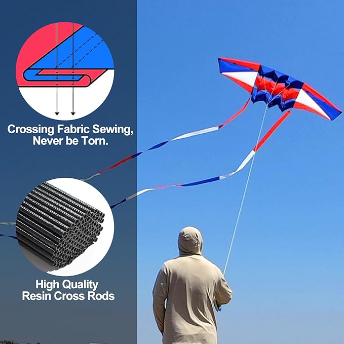Beach Kites for Adults Large with Long Tail, 98 inches Super Easy Flyer 3D Rainbow Box Kites, Comes with Two 49 Feet Multi Colors Tails, 300 ft Kite String & Handle