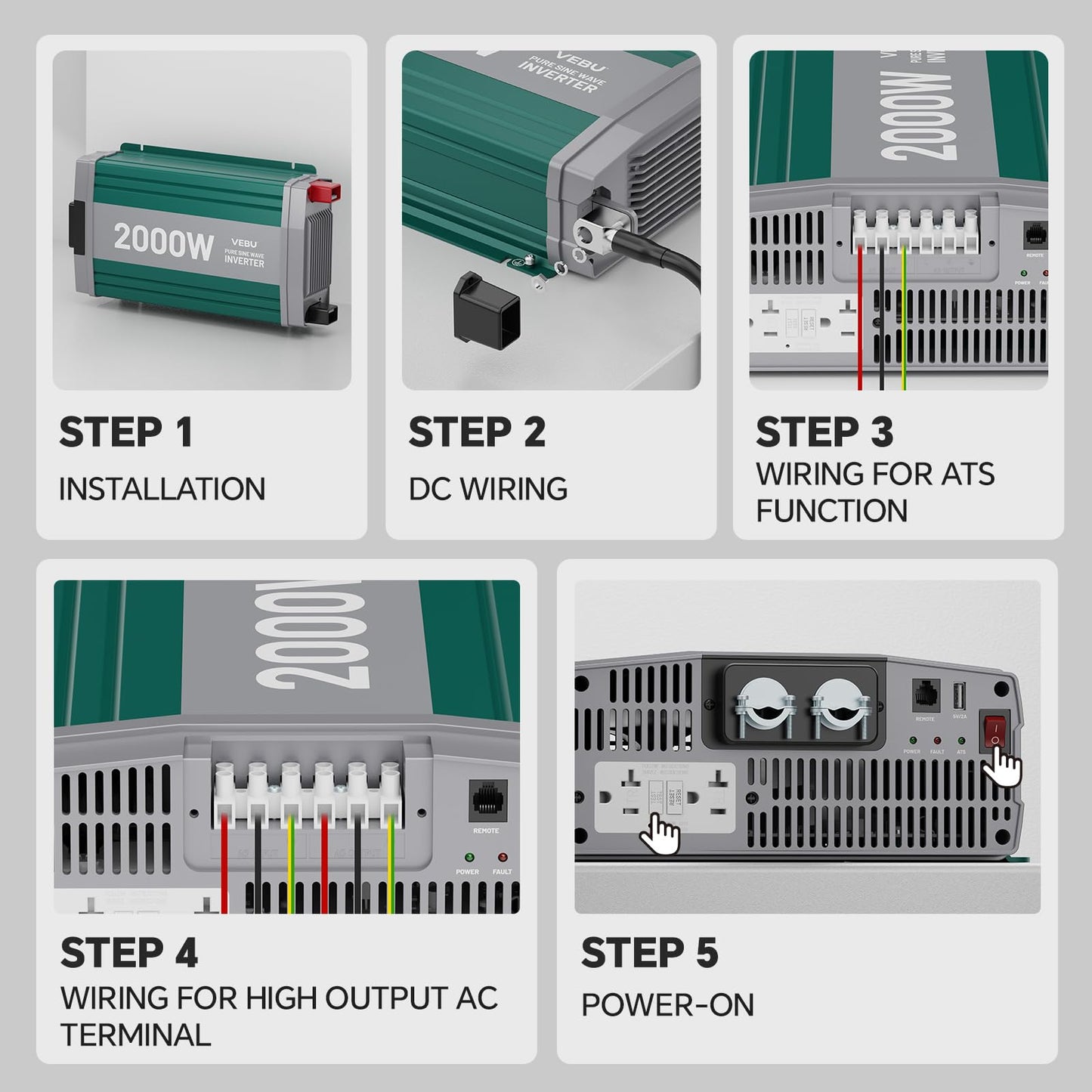 VEBU 2000W Pure Sine Wave Inverter with ATS Mode, 12V DC to AC 120V Converter for Off-Grid System, RV, Truck, Camping, Peak 4000W