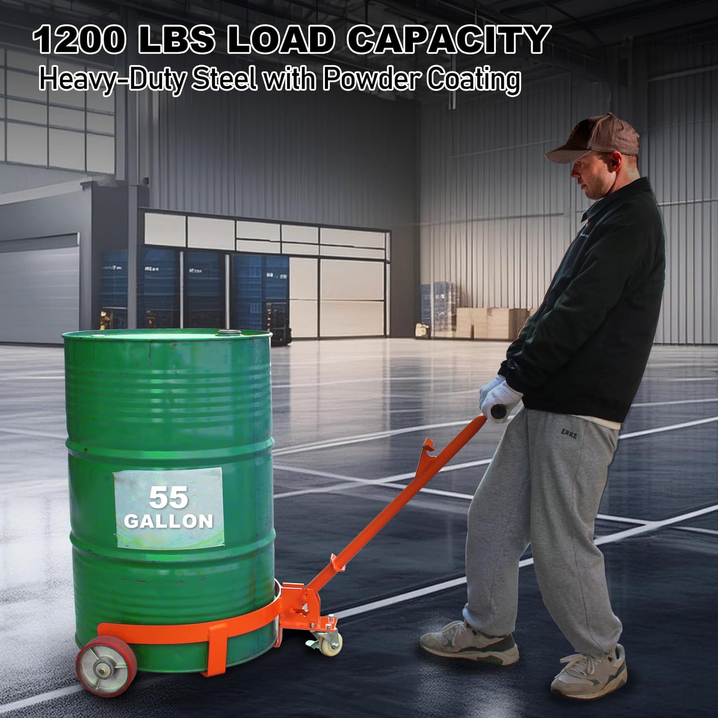 55 Gallon Drum Dolly, 1200 lbs Load Capacity, Adjustable Handle Barrel Dolly Cart with One 360° Swivel Lockable Wheel, Low Profile Steel Oil Drum Caddy for Warehouse, Workshop, Factory, Dump Station