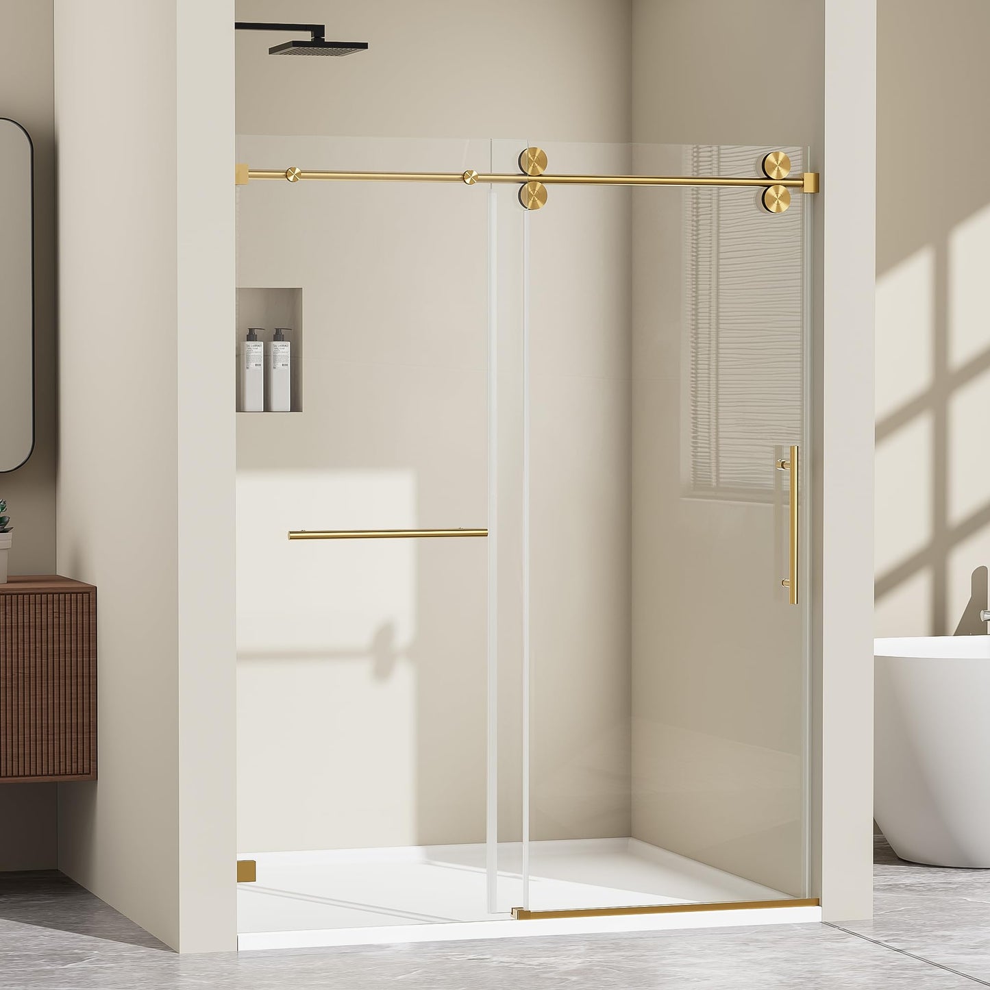 Frameless Single Sliding Shower Door 57"-61"x79", 3/8" Tempered Glass with Easy-Clean Coating, Adjustable Width for Walk-in Shower, Includes Towel Bar & Stainless Steel Hardware