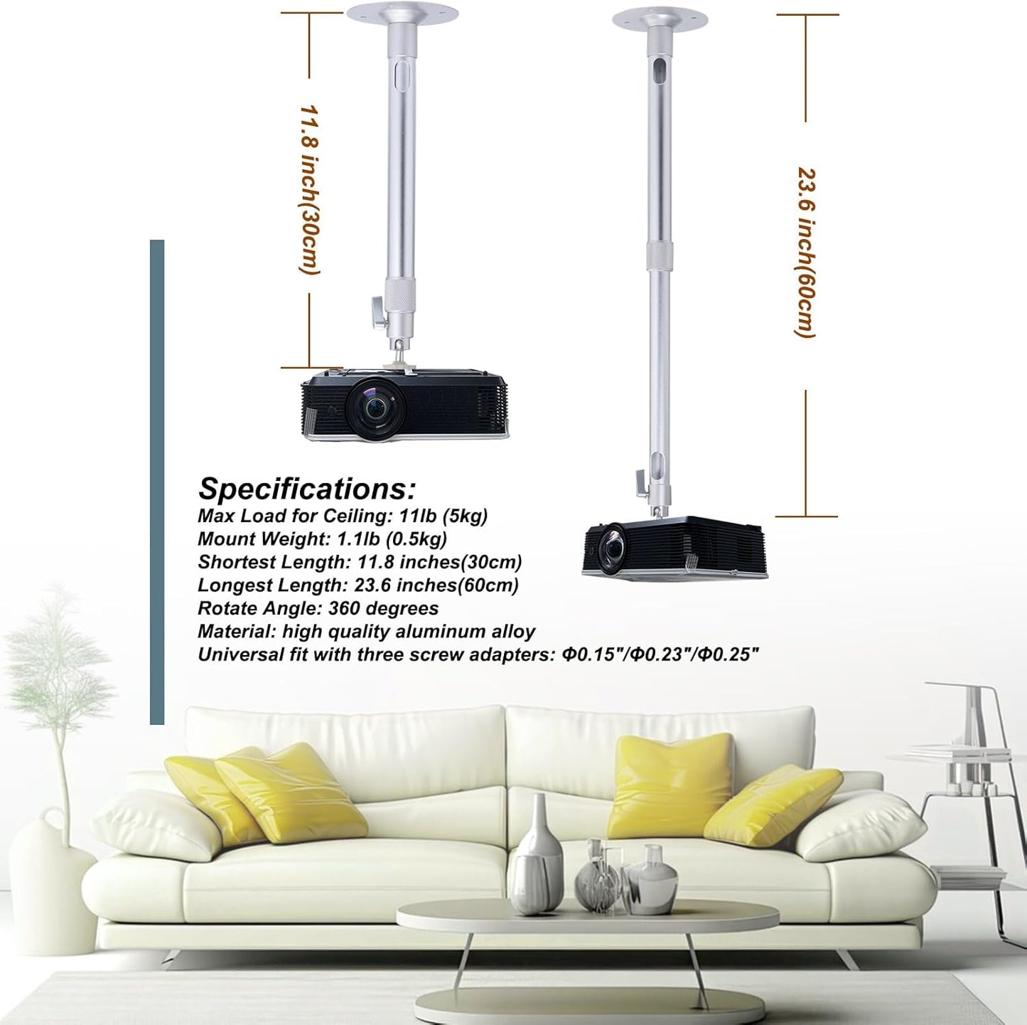 WXLHOTY 11.8 inch 23.6 inch, 11 lbs 360 Universal Projector Wall Ceiling Mount Hanger Adjustable Length from to Load