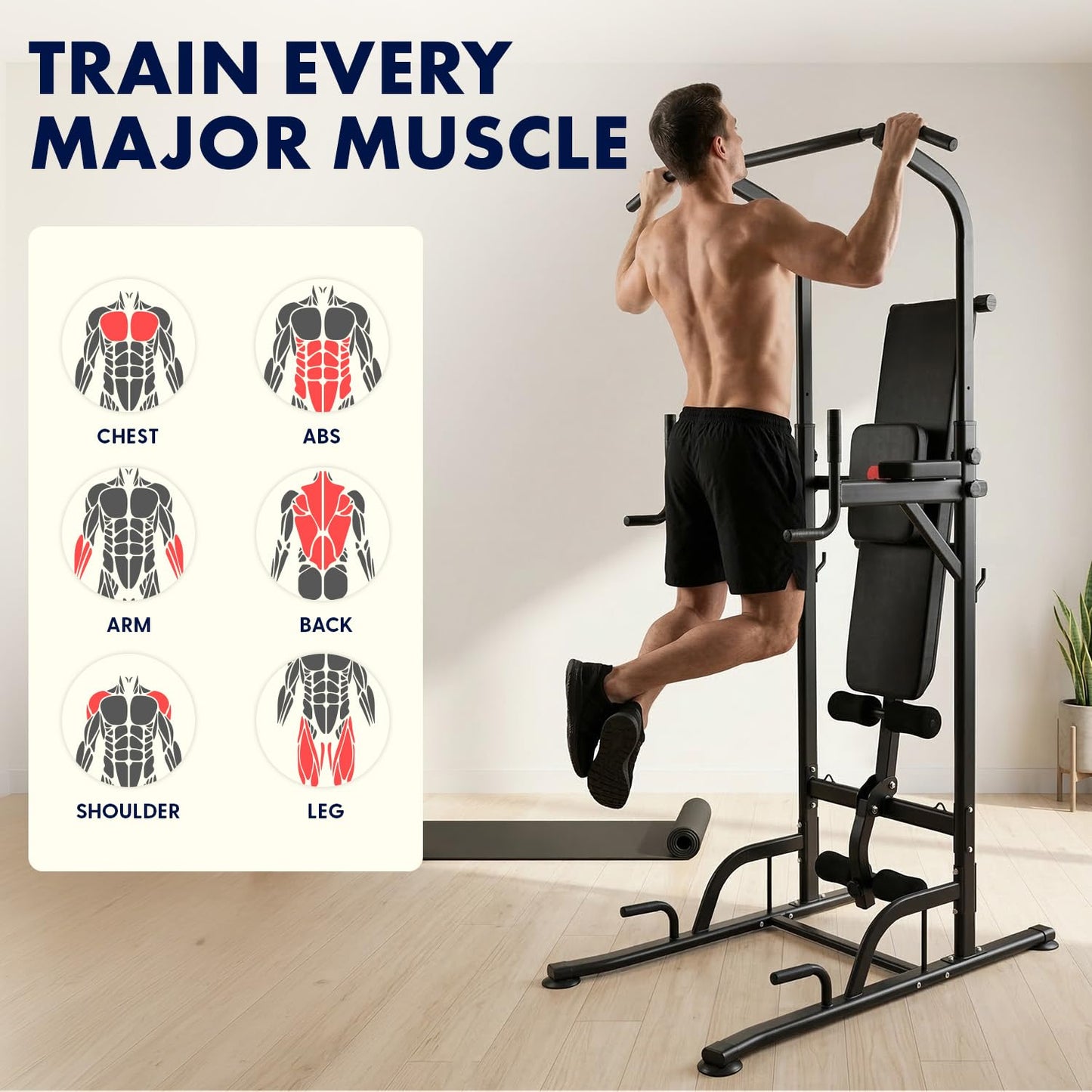 SQUATZ Pull-Up Workout Station with Bench - Multifunctional Gym Equipment with Pulling Bar, Sit-Up Board, Backrest, Elbow Pad, & Steel Main Frame, Great for Home Exercise and Weight Training, 330LBS