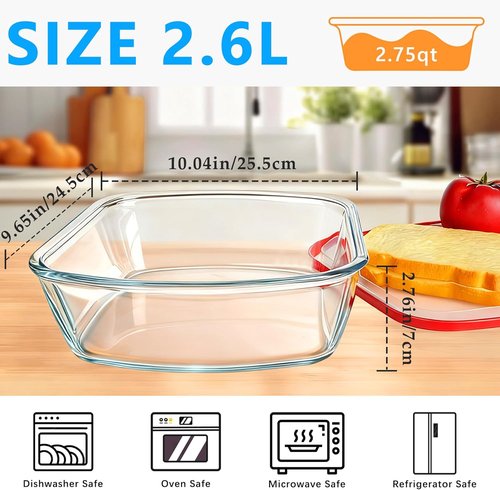 Glass Baking Dish - 2.75Qt Square 9x9 Pan With Lid & Non-Slip Mitts | Durable Oven Safe Design