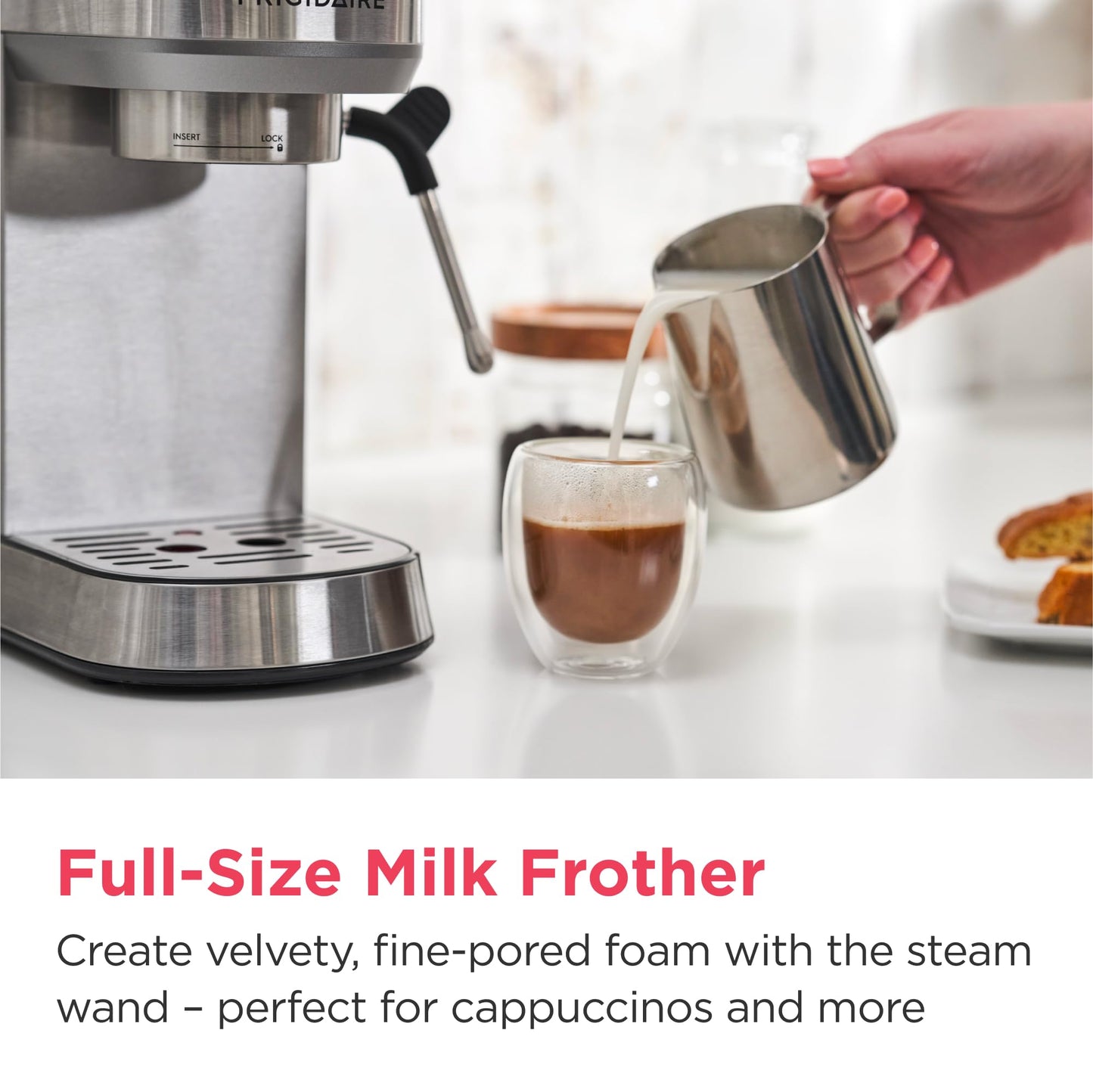 Frigidaire Steam Espresso Maker, Coffee Machine with Milk Frother & Cup Warmer, 20 Bar Pressure, 34 oz Removable Water Tank, Single or Double Shot, Stainless Steel