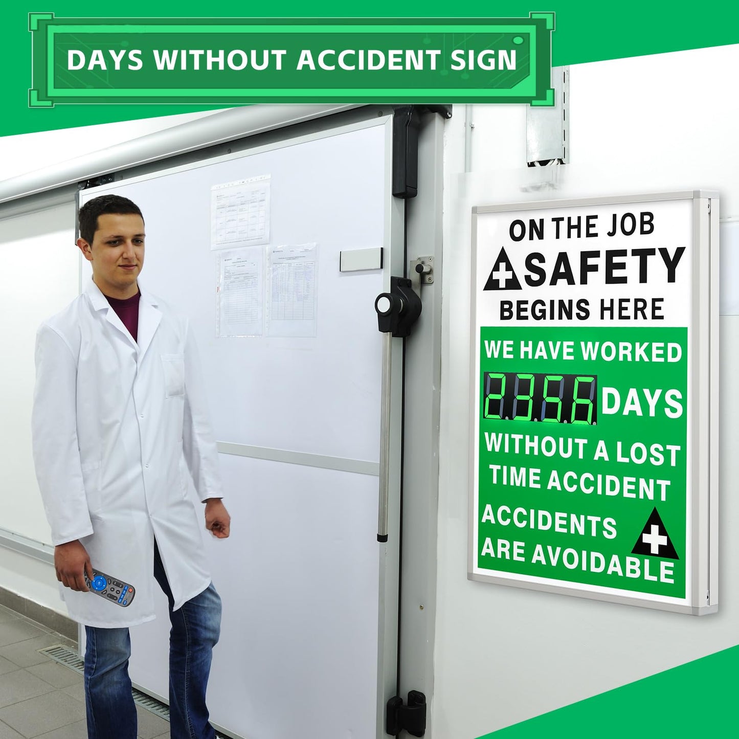 Days Safety Is The Priority Without Accident Sign Electronic Safety Scoreboard 28" x 20" with Remote Control Safe Scoreboard Sign Days Without a Lost Time Accident Are Avoidable(English Style)