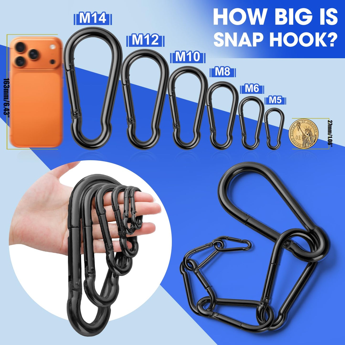 50Pack Carabiner Clips Heavy Duty, 3.2” Large Spring Snap Hooks Bulk, Galvanized Black Carabiners for Camping, Solid Spring Clips for Home Gym Hanging Hammocks Swing Hiking-500lbs Holding Capacity