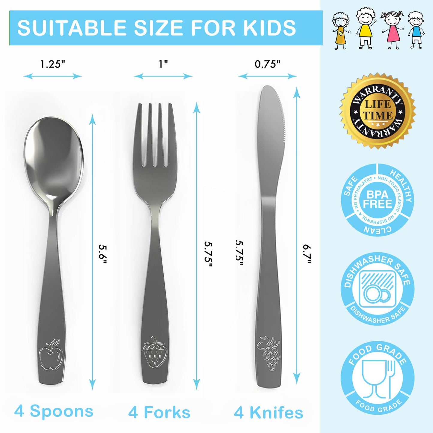 12 Piece Stainless Steel Kids Silverware Set - Child and Toddler Safe Flatware - Kids Utensil Set - Metal Kids Cutlery Set Includes 4 Small Kids Spoons, 4 Forks & 4 Knives