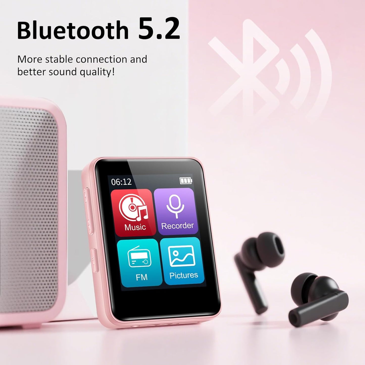 VANSING MP3 32GB MP3 1.8 inch 512GB(Pink) Player with Bluetooth, Portable Bluetooth Player for Kids, Music Player