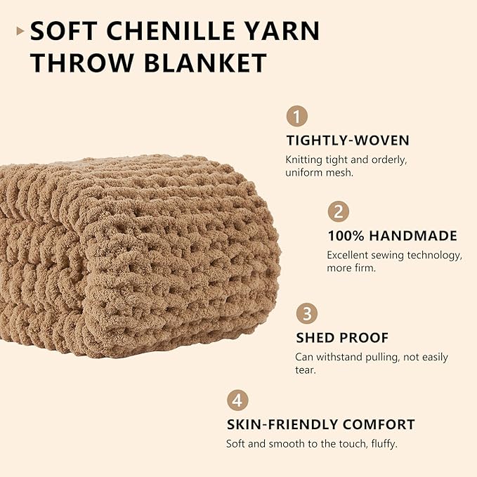 L'AGRATY Chunky Knit Blanket Throw: 50''x60'' Chenille Chunky Knitted Throw Blanket for Bed Couch - Handmade Thick Big Cable Knit Blanket - Large Crochet Rope Blankets for Home Decor(Tan)
