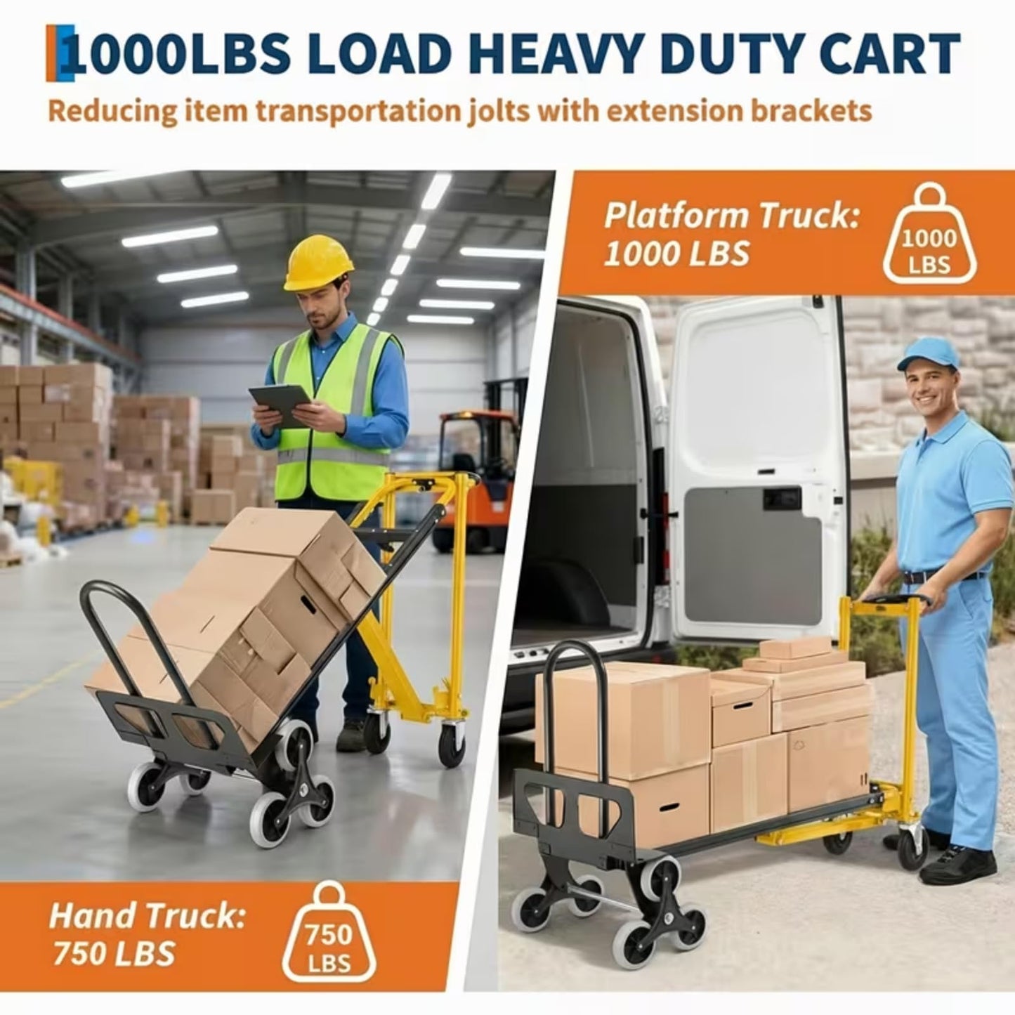 Heavy Duty Stair Climbing Hand Truck - 1000 LBS Capacity 4-in-1 Convertible Dolly Cart, Foldable Platform Utility Cart for Moving Boxes, Industrial Grade Steel Construction(Yellow)