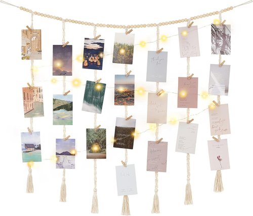 Mkono Macrame Photo Display Wall Decor - Boho String Lights & Wooden Beads | 45 Clip Collage Holder for Bedroom & Living Room