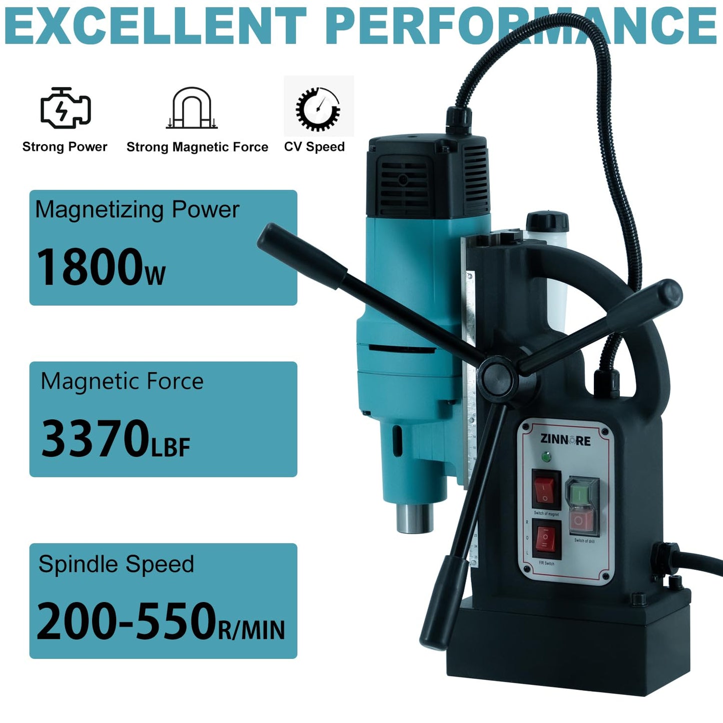 Zinnore Mag Drill Press, 1800W Magnetic Drill, 2-3/18 inch Max Boring Diameter, 3370lbf/15000N Mag Force, Portable Electric Mag Drill Press for Metal Surface