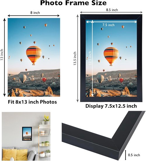 JCJMY 8x13 Picture Frame - Black Wall & Tabletop Display | Shatter-Resistant Plexiglass, Versatile Mounting Options