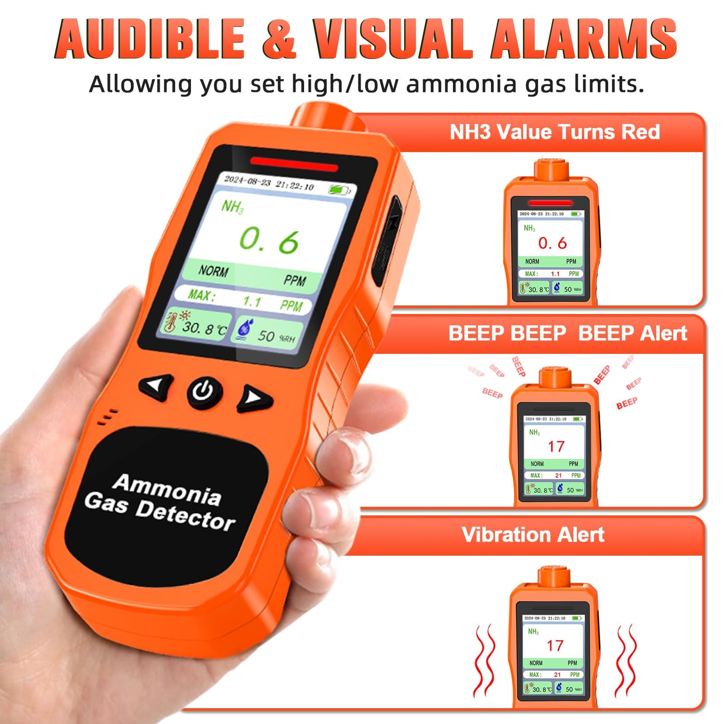 ZYKYCX Portable Ammonia Gas Detector, 0-200 PPM Rechargeable Ammonia Gas Monitor, Digital Air Quality NH3 Gas Meter with Temperature Humidity Tester for Farm, Poultry, Pig & Livestock, Orange