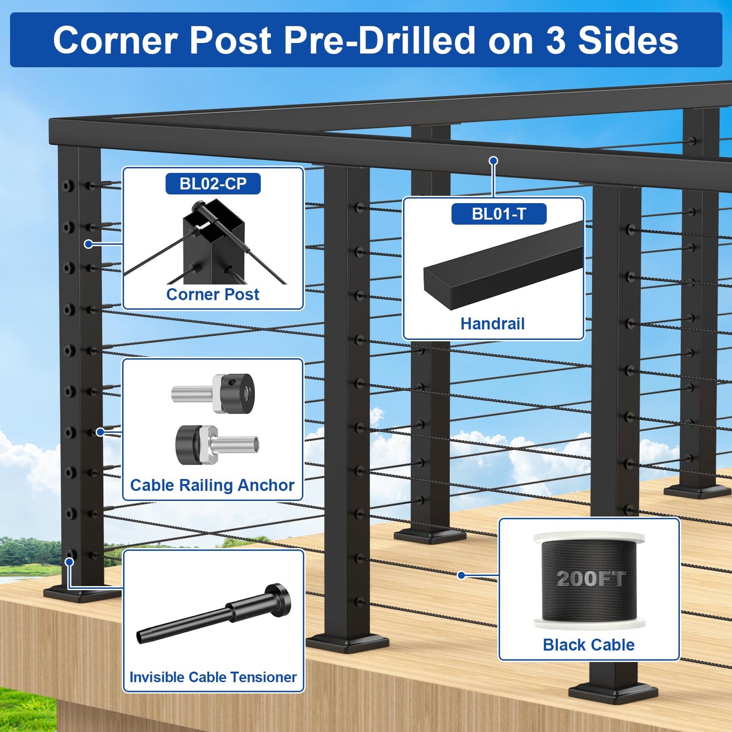 BLIKA 36" Cable Railing Corner Post(Post 35"x2"x2"), 3-Side Drilled Flat Top Surface Mount Corner Post, Stainless Steel Black Handrail Corner Post for Cable Railing Kits, BL05-CP