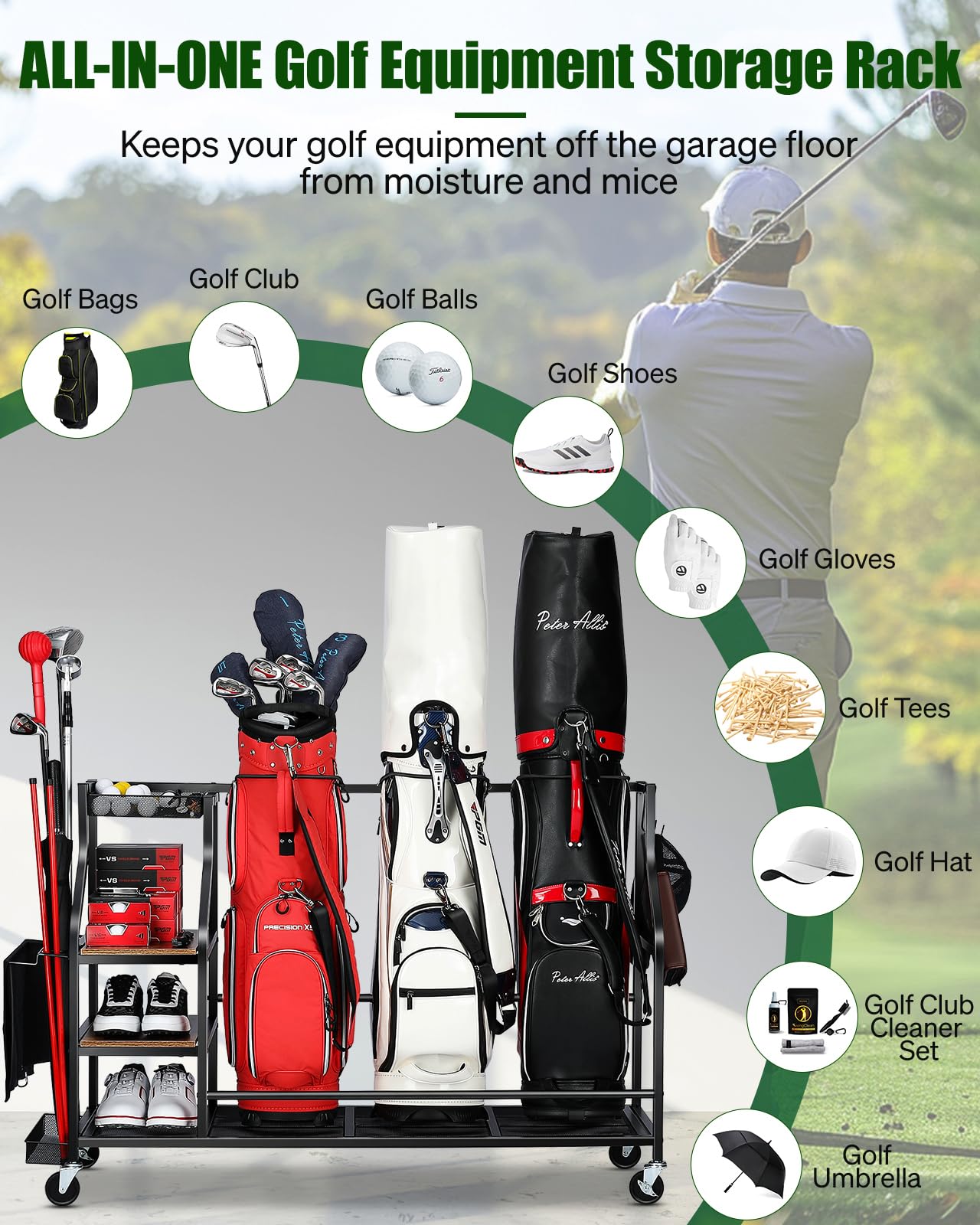 FHXZH Golf Bags Storage Garage Organizer Golf Bag Stand for Golf Bags, Clubs, Balls, Golf Equipment Accessories, Golf Bag Storage Rack with Wheels for Garage, Club, Basement (3 Golf Bag Organizer)