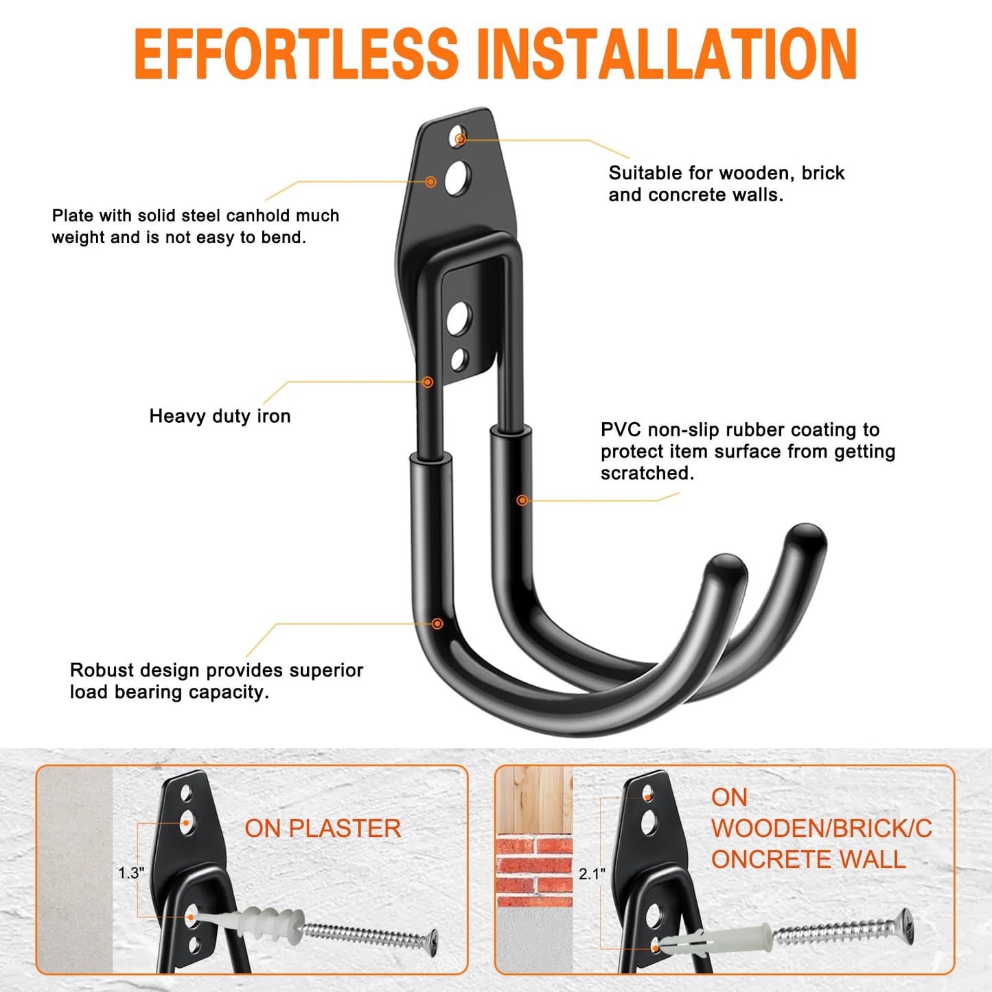 HUPBIPY Heavy Duty Garage Hooks 4 Pack, J Shaped Hanger, Wall Mounted Storage System, Power and Garden Tool Organizer, for Hanging Ladders, Bikes Tires, Hose, Bulk Items