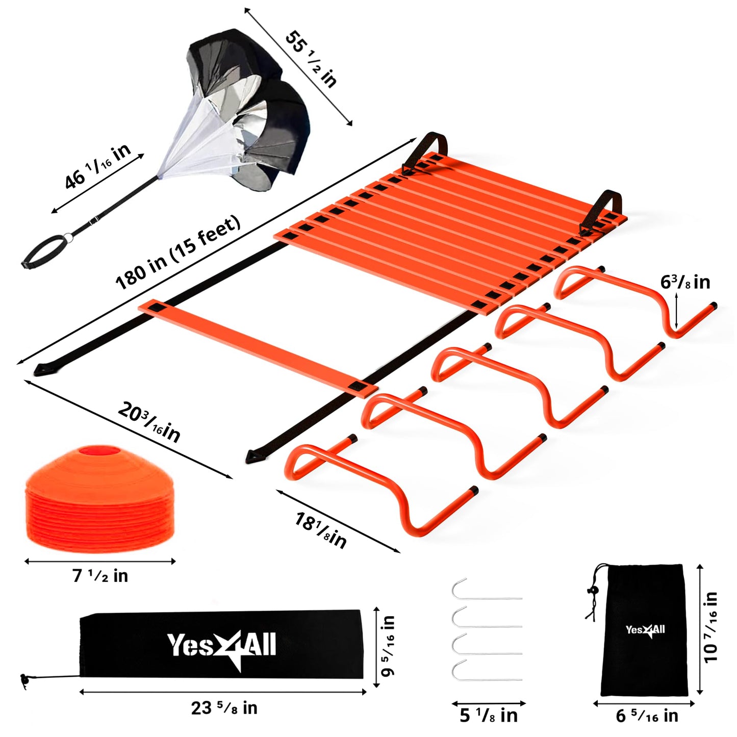 Yes4All Agility Ladder Adjustable Speed & Agility Training Equipment for All Ages, Durable Speed Ladder, Multiple Combo Sets Available, Orange,12 Agility Cones, 5 Hurdles, Jump Rope, Running Parachute