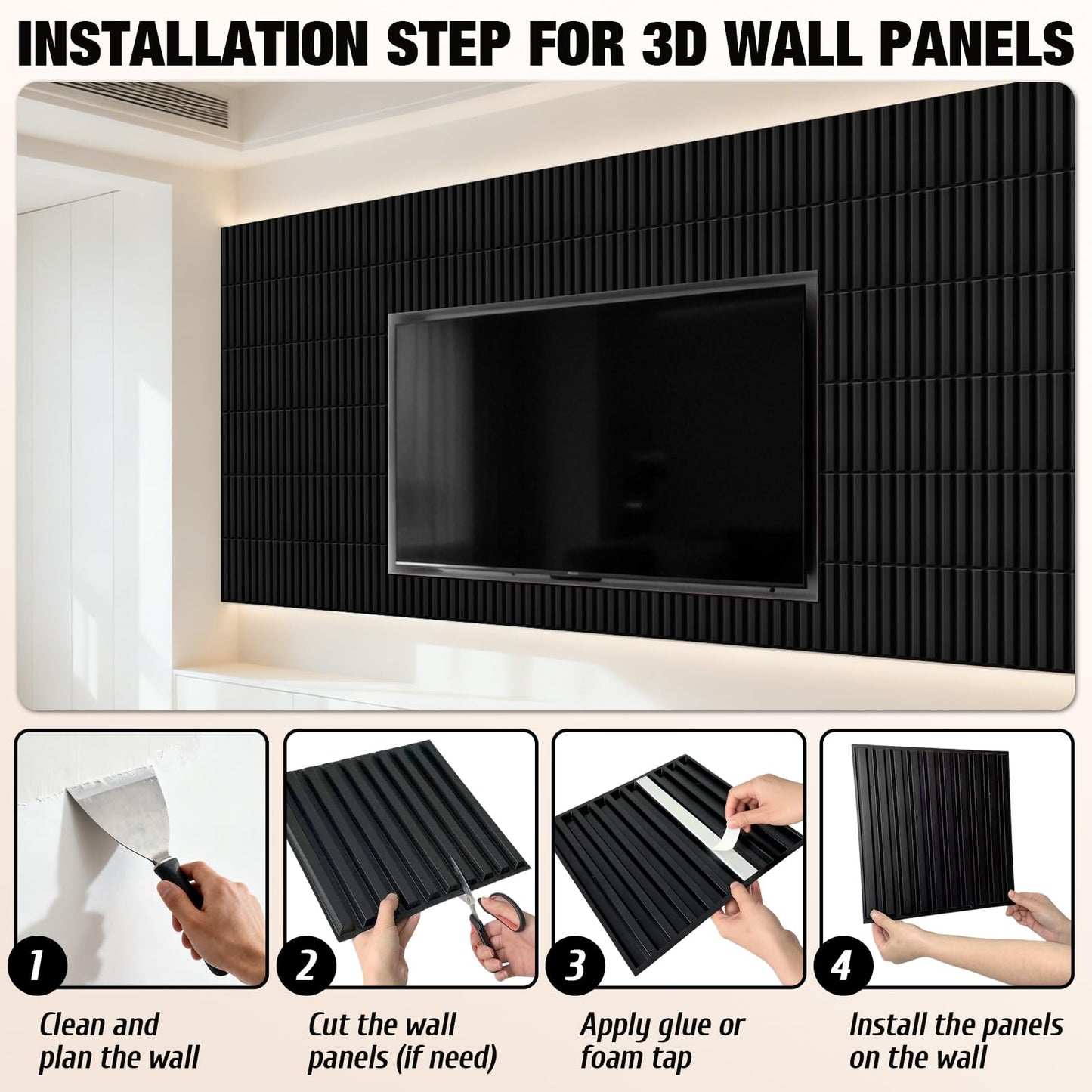 Qidejoy 33 Pcs 3D PVC Slat Wall Panels 12X12in Fluted Textured Paneling Modern Decorative Tiles Cuttable Paintable DIY Wall Art for Interior Decor, Bedroom, Ceiling, TV Background, Bathroom (Black)