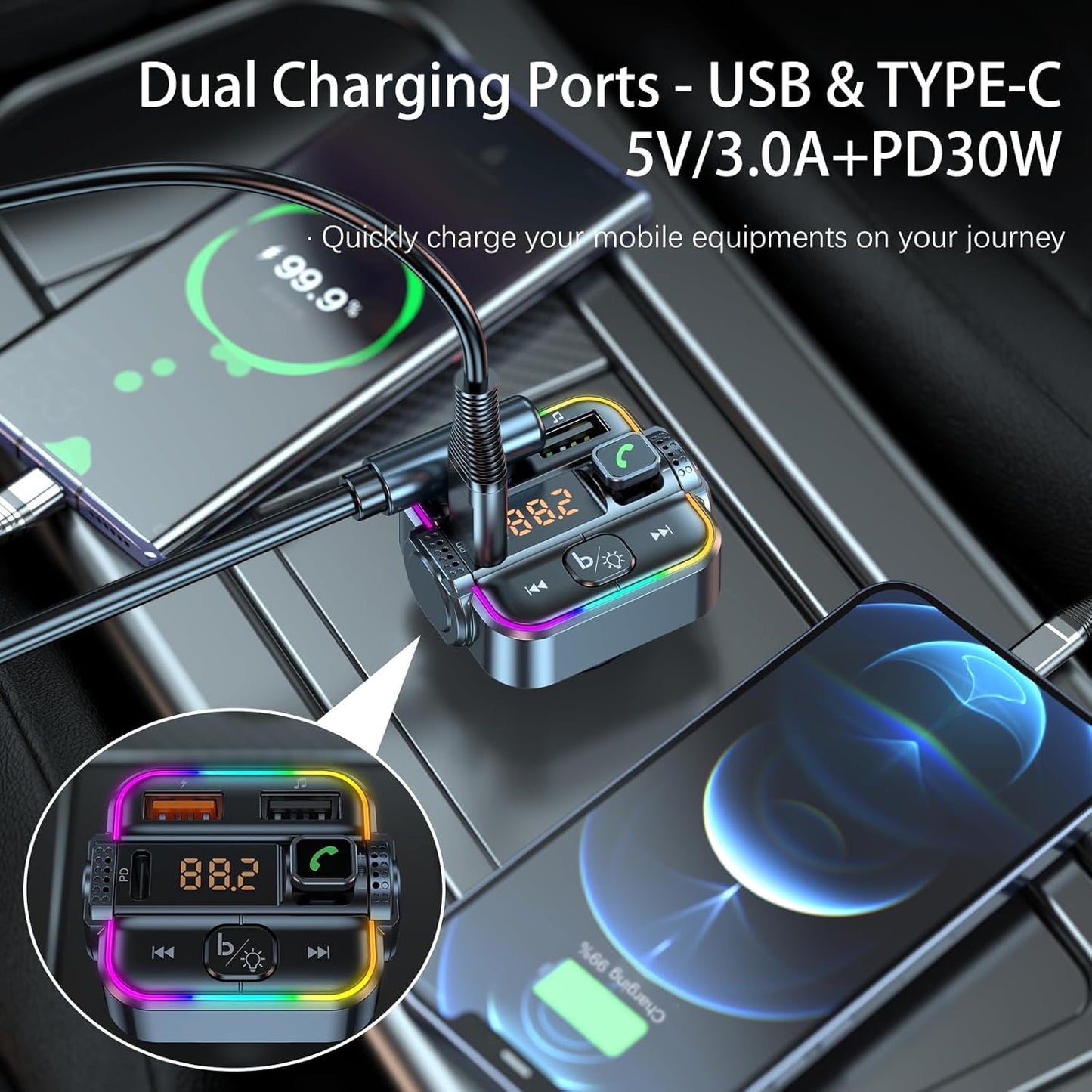 skybess PD30W QC3.0 5.3 FM Transmitter for Car Bluetooth, Upgraded USB C & USB Charger Bluetooth Radio Adapter