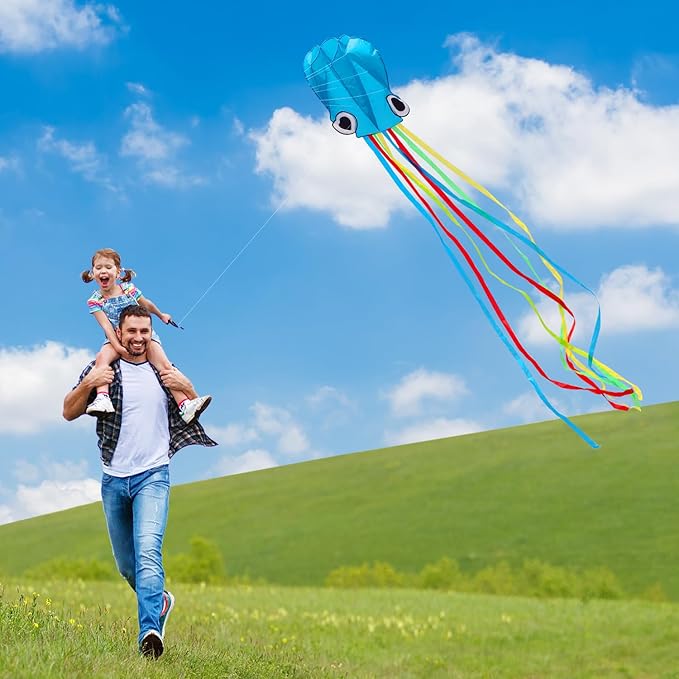 Xida Octopus Kite for Kids Ages 4-8, Professional Kites for Beginners and Adults, Easy to Fly Beach Kites for Boys and Girls, Long Colorful Tail with 200ft Line, Large Kite for Outdoor Family Games