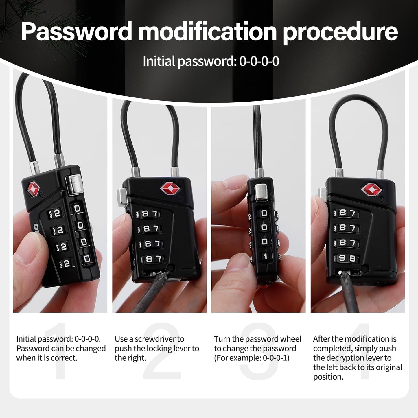 Vollumo TSA Approved Luggage Lock, 4-Digit Combination Cable Lock, Heavy Duty Travel Suitcase Lock with Flexible Steel Cable, for Backpack, Locker, Bag(Black（2-Pack）)