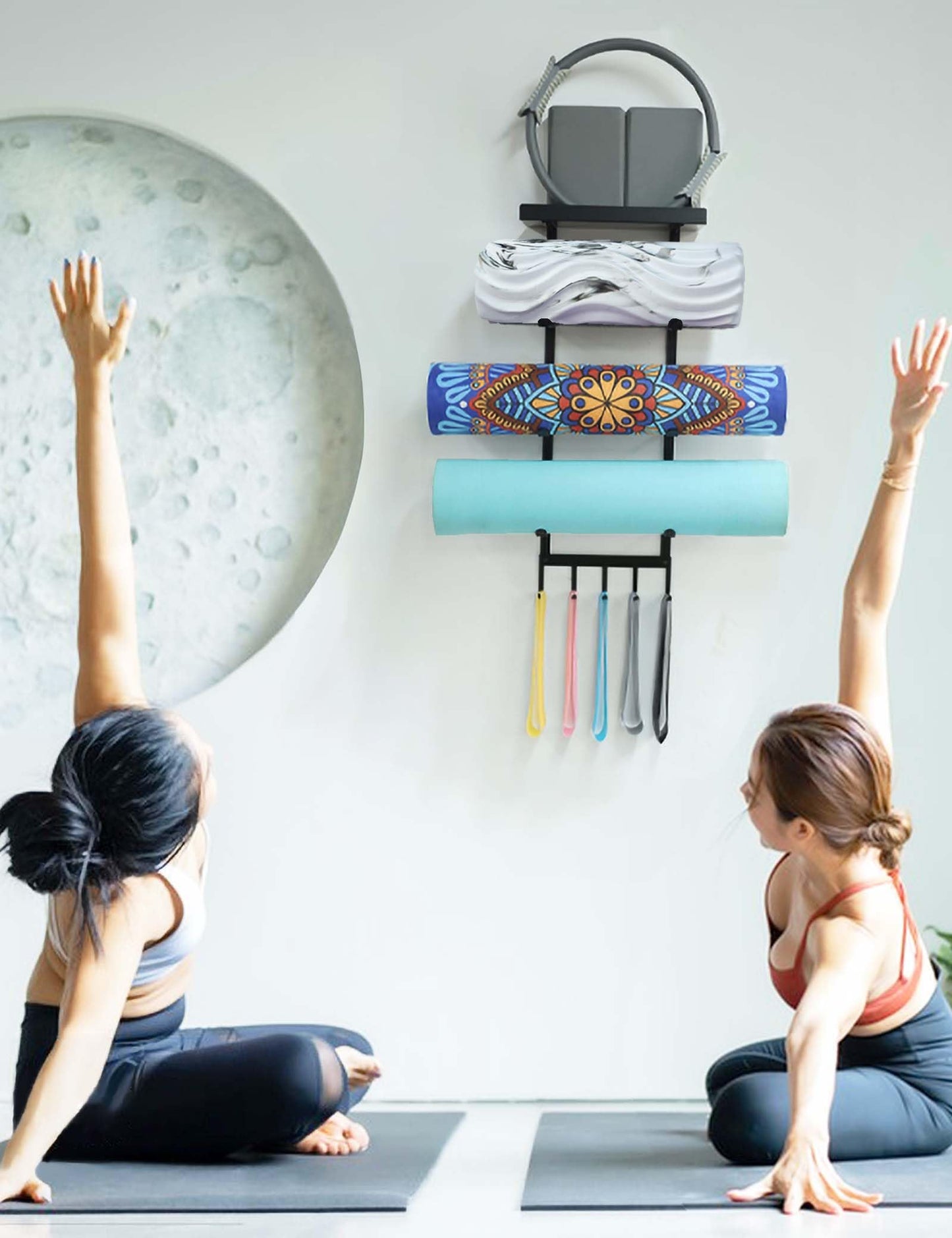 Yoga Mat Holder Wall Mount, Home Gym Storage Rack with Top Floating Shelf, 4-Tiers Holding Yoga Mat/ Blocks/ Rollers and Decorations, 5 Hooks for Resistance Bands, Skipping-Rope, Small Gym Equipment
