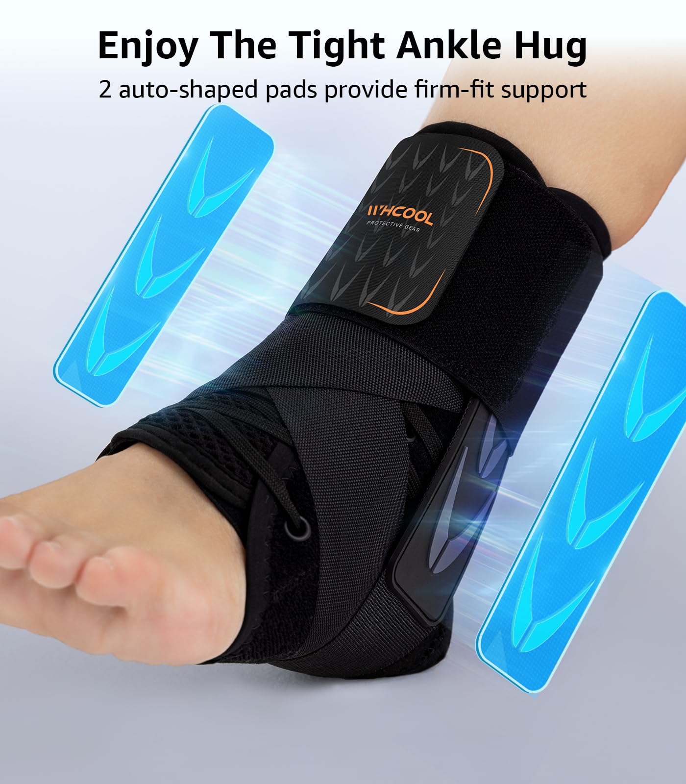 WHCOOL Slim-Fit Ankle Brace for Sprained Ankle, Quick Lace Up Ankle Support for Women Men with 2 Auto-Shaped Pads, Air Fabric Cool Ankle Stabilizer for Injury Recover, Running,Sports, M(12”-13”)