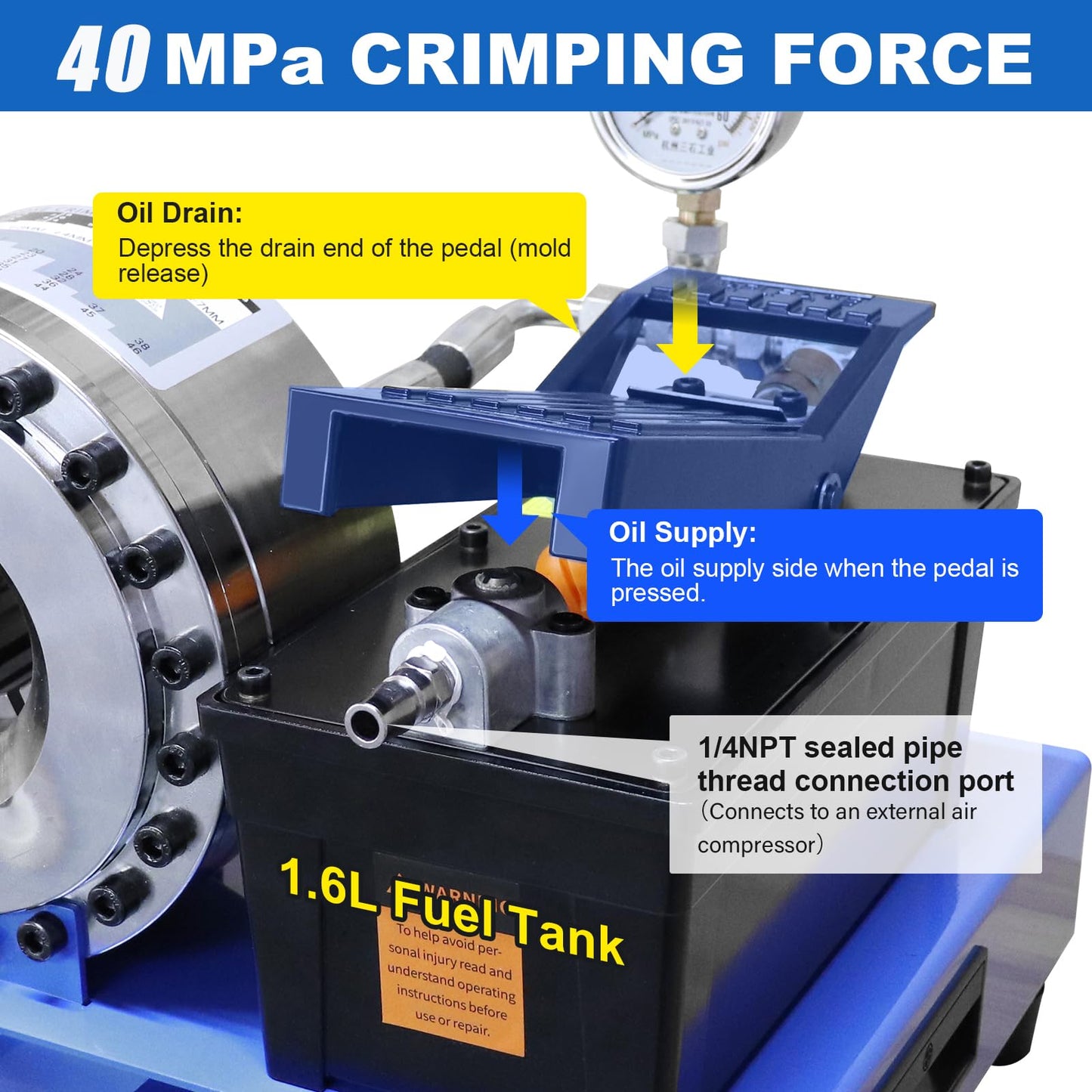 LABFENG Pneumatic Hydraulic Crimper with 8 Dies, 40MPa High Pressure, for Hose and Pipe Assembly,0.24"-1" Crimp Range