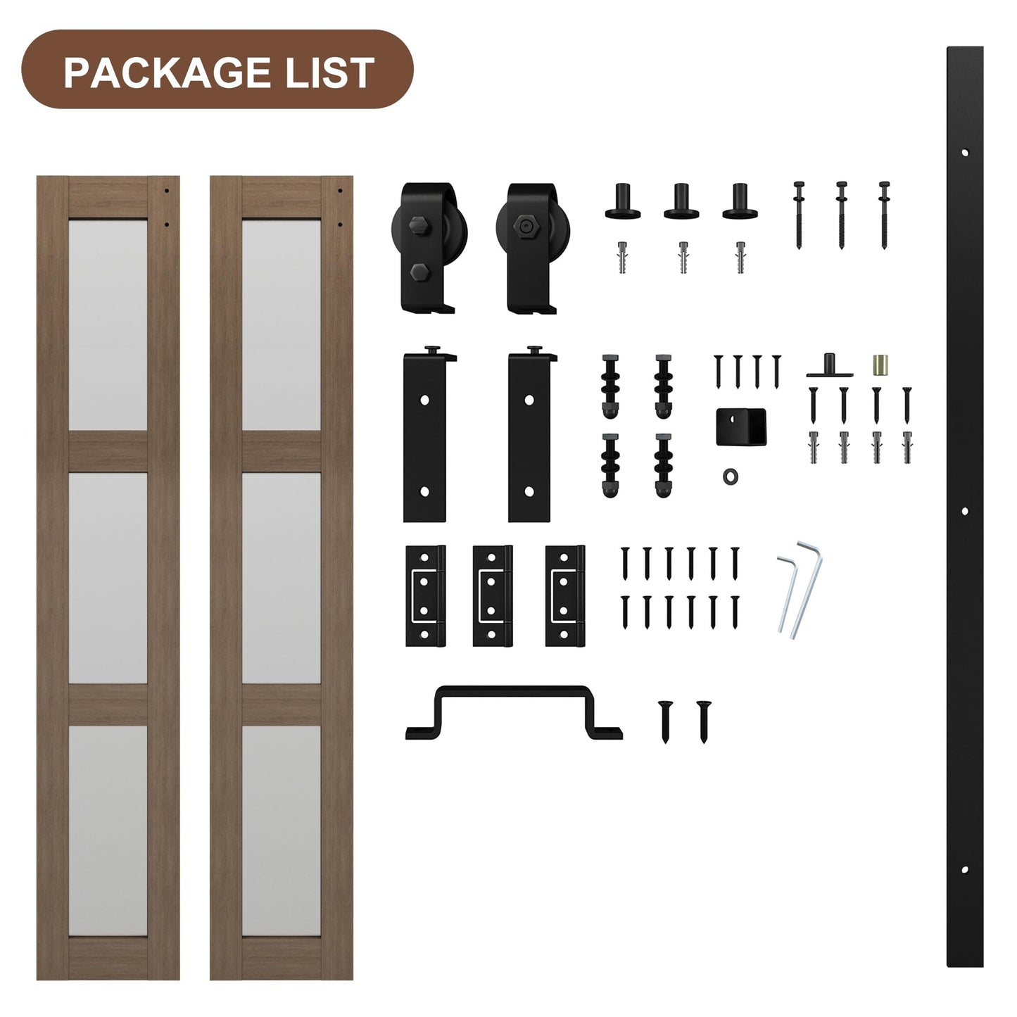 JUBEST Bifold Glass Barn Door, 30Inch Bi Fold Sliding Barn Door Kit with Hardware Include, 3-Panel Glass Barn Door Slab, Solid Wood Barn Door with MDF & Water-Proof PVC Surface, Brown