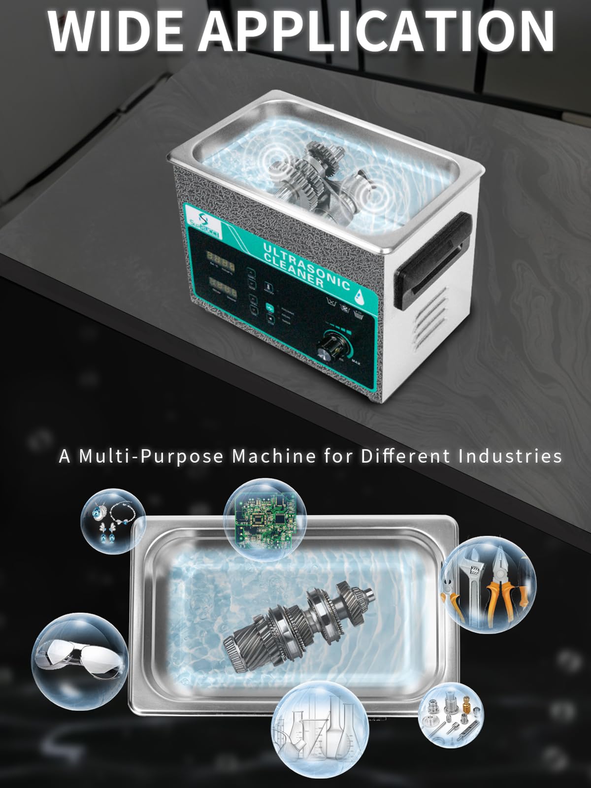 SupRUCCI Ultrasonic Cleaner 3L with Adjustable Power & Sweep, 120W Ultra Sonic Cleaning Machine, Digital Timer and Heater, Heavy-Duty Parts Cleaner for Industrial, Motorcycle, and Hardware Tools