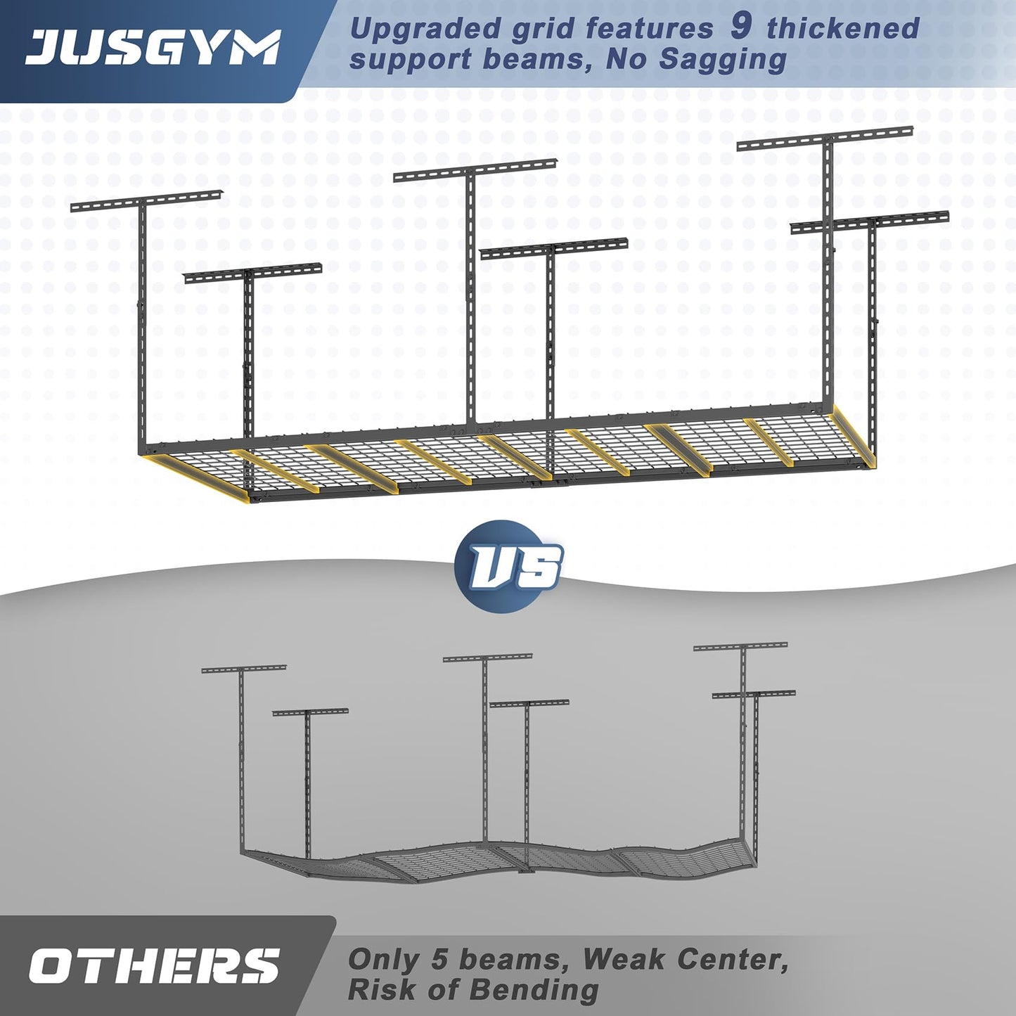 Jusgym 3X8FT Overhead Garage Storage Rack, 26"-40" Height Adjustable Garage Ceiling Storage Racks, Heavy Duty Metal Overhead Storage Organizer System, 750LBS Weight Capacity