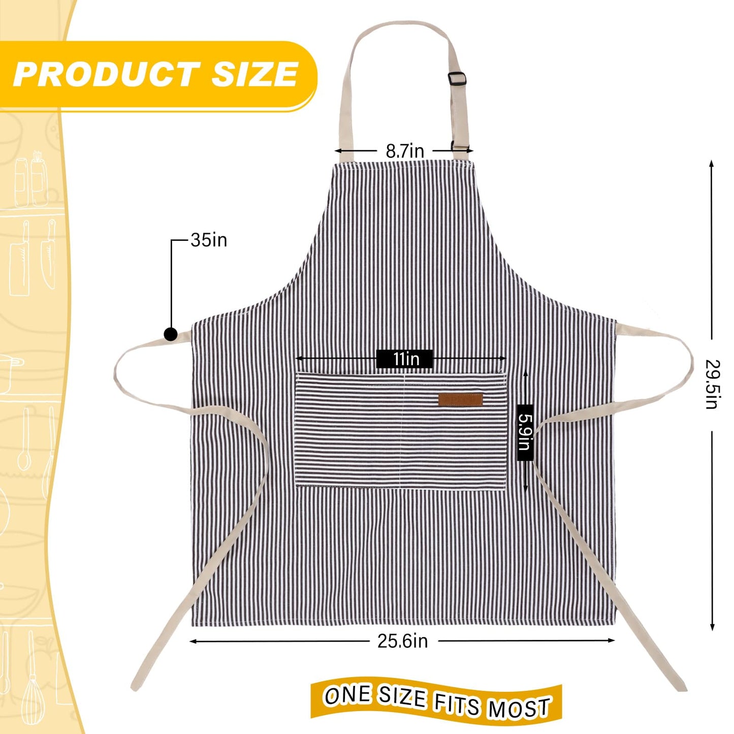 Handepo 4 Pcs Kitchen Aprons with Pockets Adjustable Waterproof Cotton Aprons Striped Apron for Women Men Chef Gift for Dad(Narrow Stripes,Gray)