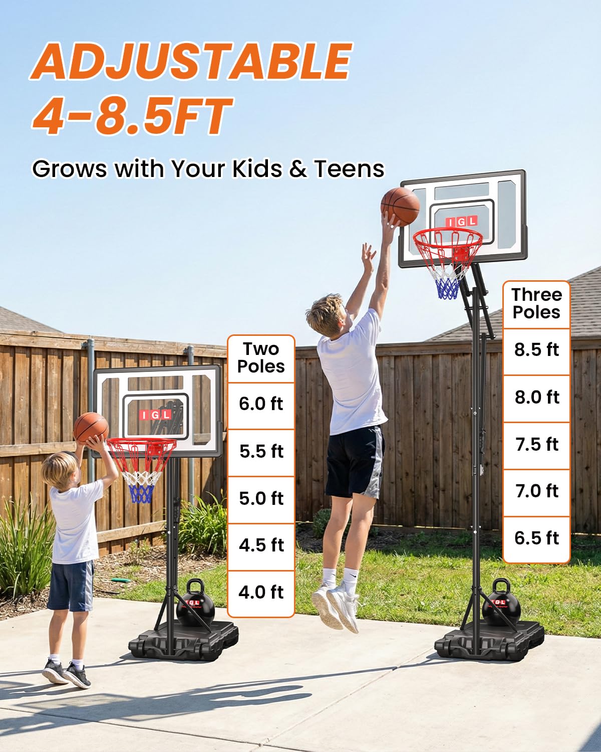 IGL Kids Basketball Hoop Outdoor | 4-8.5ft Adjustable Height | 33" Shatterproof Backboard | Fillable Base & Extra Anchor | Portable Goal w/Wheels for Backyard Driveway | Gift for Kids Teens Youth