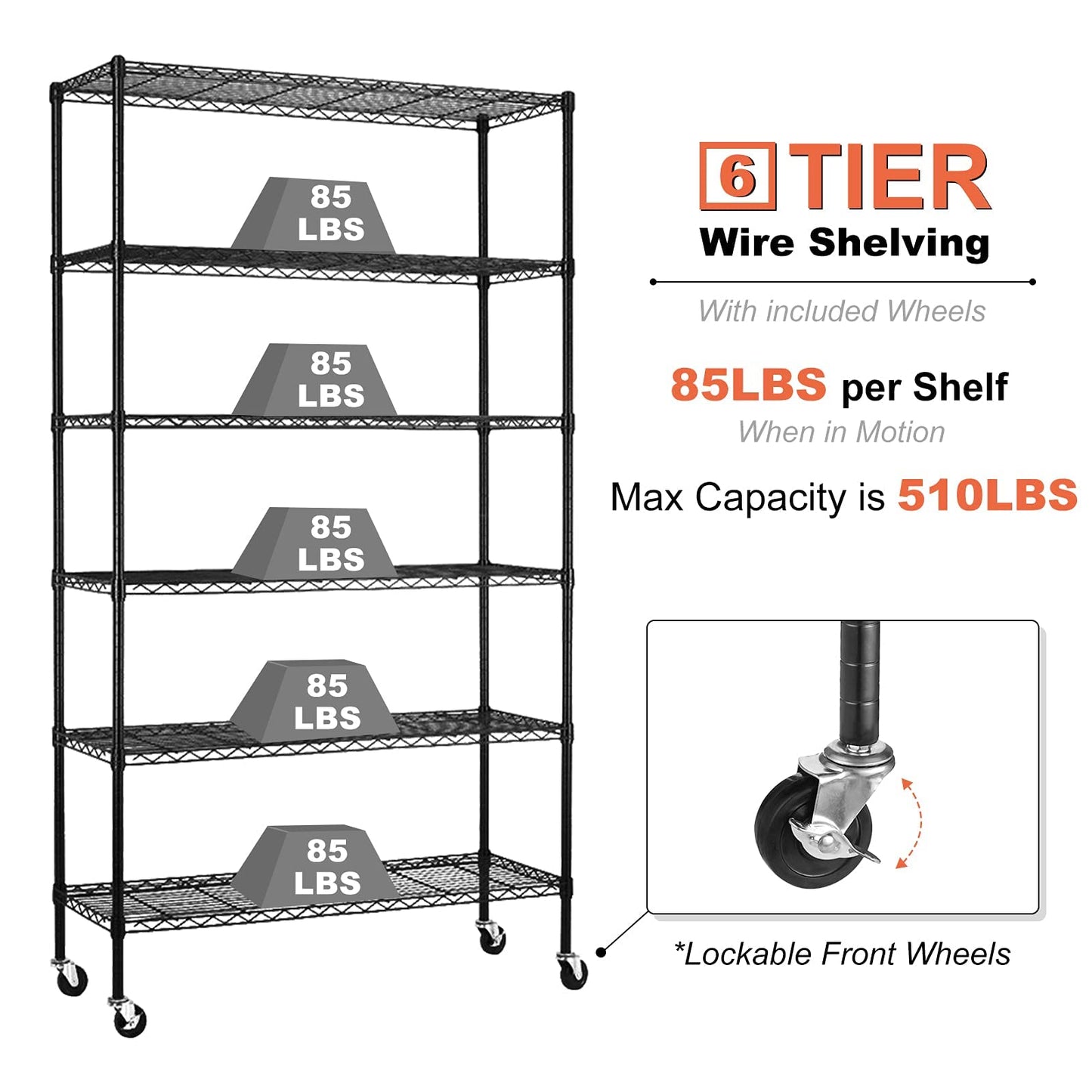 Meet perfect 6-Tier Storage Shelves NSF Certified Wire Shelving Unit on Wheels Heavy Duty Metal Shelves Adjustable Steel Shelving 2100Lbs Capacity for Closet Pantry Basement- (18"x45"x82", Black)