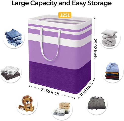 HomeHacks Large Waterproof Laundry Baskets - Collapsible Hampers with Reinforced Handles | 125L, Purple