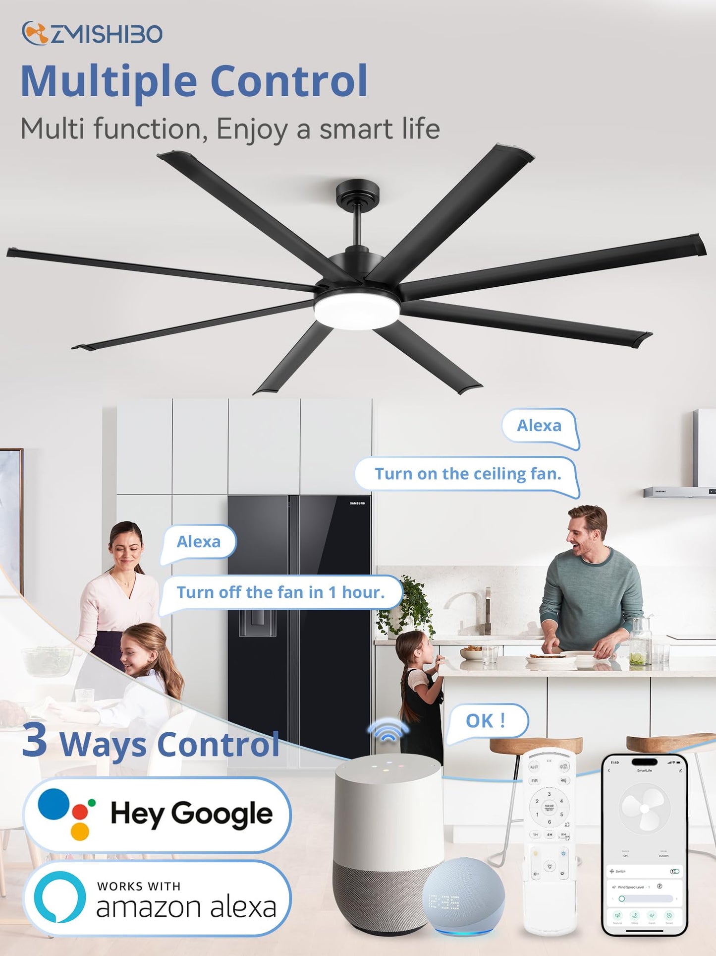 ZMISHIBO 84 Inch Ceiling Fan with Light, Smart Fan Light Compatible with Alexa, 3000-6000K Dimmable, 6 Speeds, Large Industrial Ceiling Fans with 8 Black Aluminum Blades for Patio Living Room