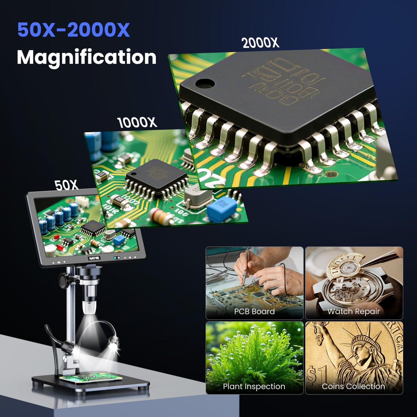 Hayve DM13 10.1 Inch LCD Digital Microscope, 16MP 2000X HD IPS Soldering Microscopes for Adults, Electronics Repair, Coin Microscope Magnifier for Error Coins with Screen, 10 LED Lights