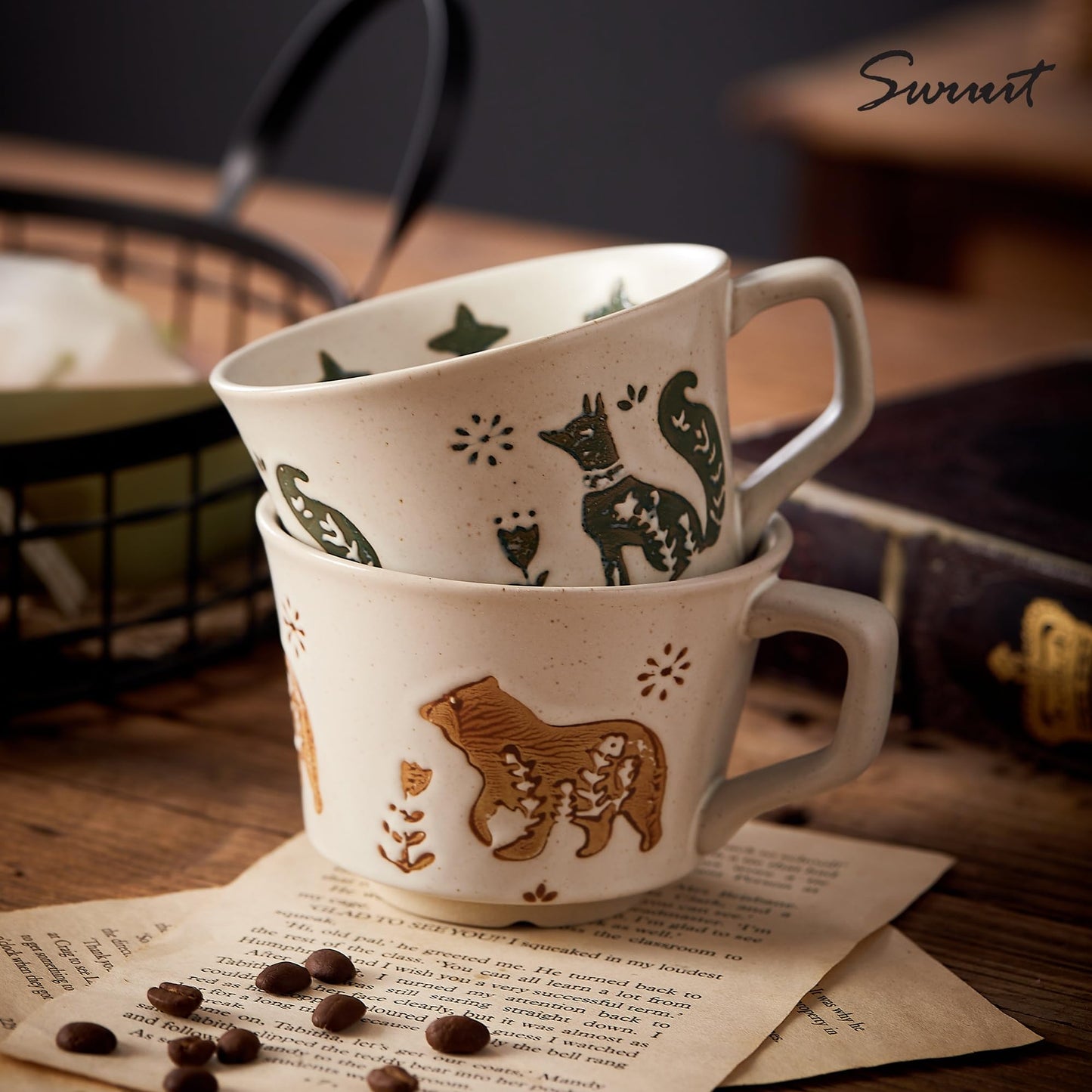 Swuut 12oz Vintage Ceramic Coffee Mug Set of 4 - Handmade Stoneware Pottery Countryside Farmhouse Fall Autumn Tea Mugs with Big Handle for Latte,Cocoa,Dishwasher & Microwave Safe Cups (Animals)