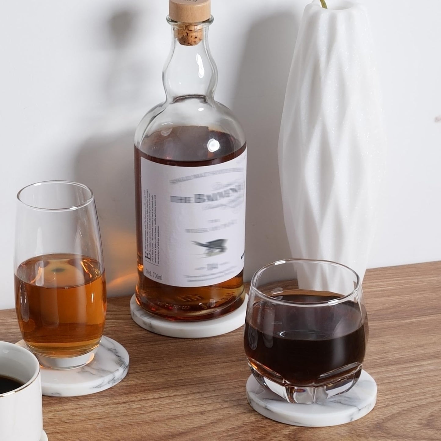 BCS Marble Coasters Set of 5 with Holder, Square Stone Drink Coasters for Coffee, Wine and Cocktails, Non-Slip Durable Cup Mats, Elegant Home, Bar & Kitchen Table Decor (Crema Beige)
