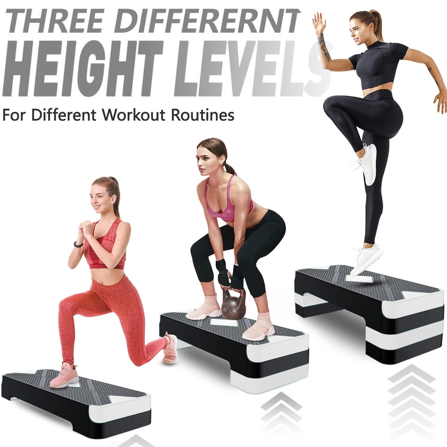 GYMMAGE Aerobic Exercise Stepper - Adjustable Workout Platform, 26.5" Step Deck with 4", 6", 8" Height Risers, Women's Home Gym Cardio Fitness