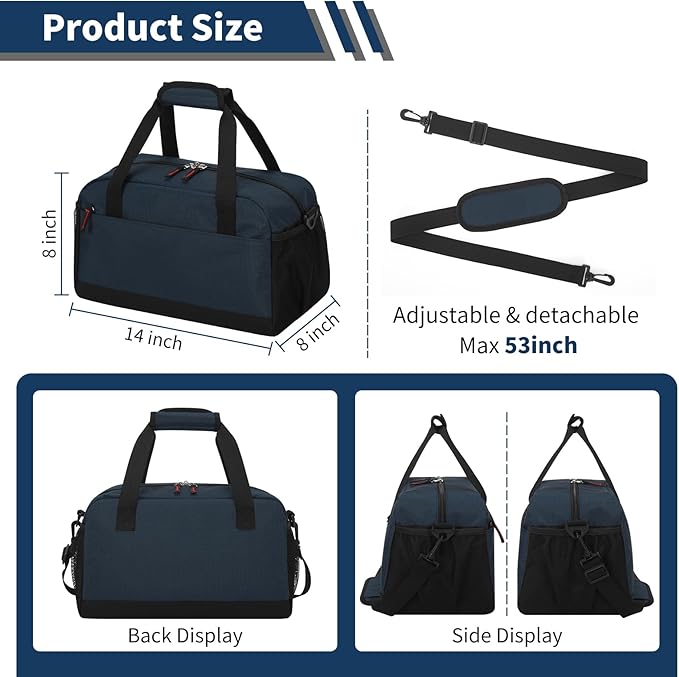 Small Gym Bag with Wet Pocket - 14 inch Mini Duffle Bag for Men & Women Lightweight Carry On Bag for Travel Sport - Navy Blue