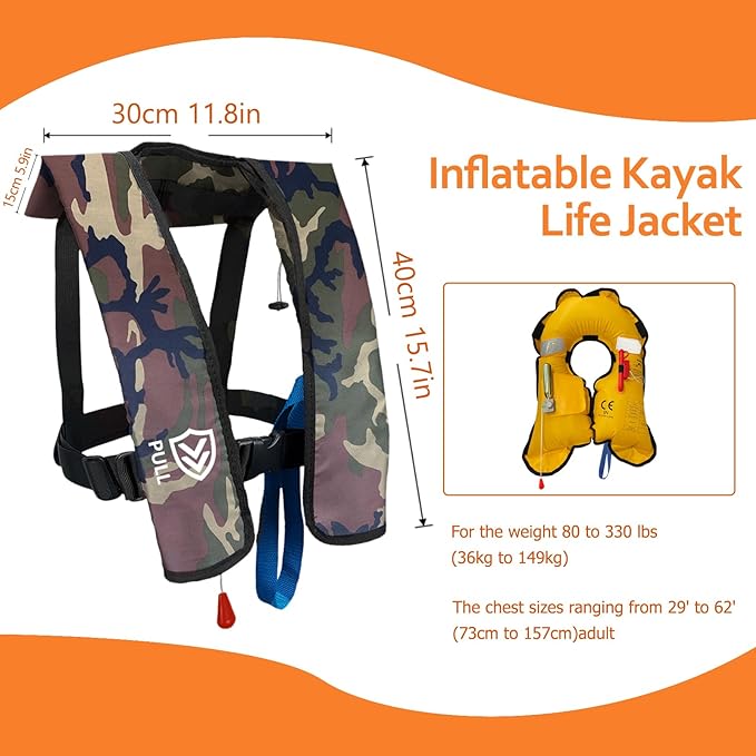 Automatic/Manual Inflatable Life Jacket| Inflatable PFD Kayak Vest Adult| Life Vest for Adults| Outdoor Water Sports| Supports up to 330 lbs|33g of Carbon Dioxide Cylinder