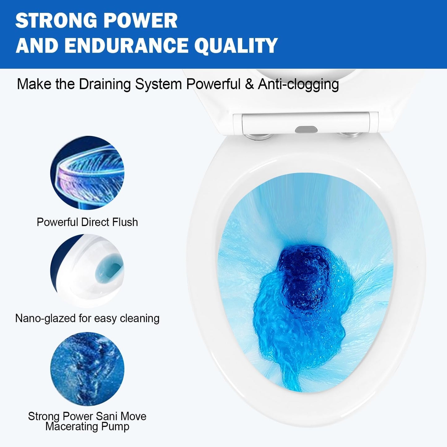800W Macerating Toilet with Pump–Upflush Toilet System for Basement/Attic, 4 Water Inlets & AC Vent, 36ft Vertical Lift, Dual Flush, Easy Install,17.7" Elongated Toilet