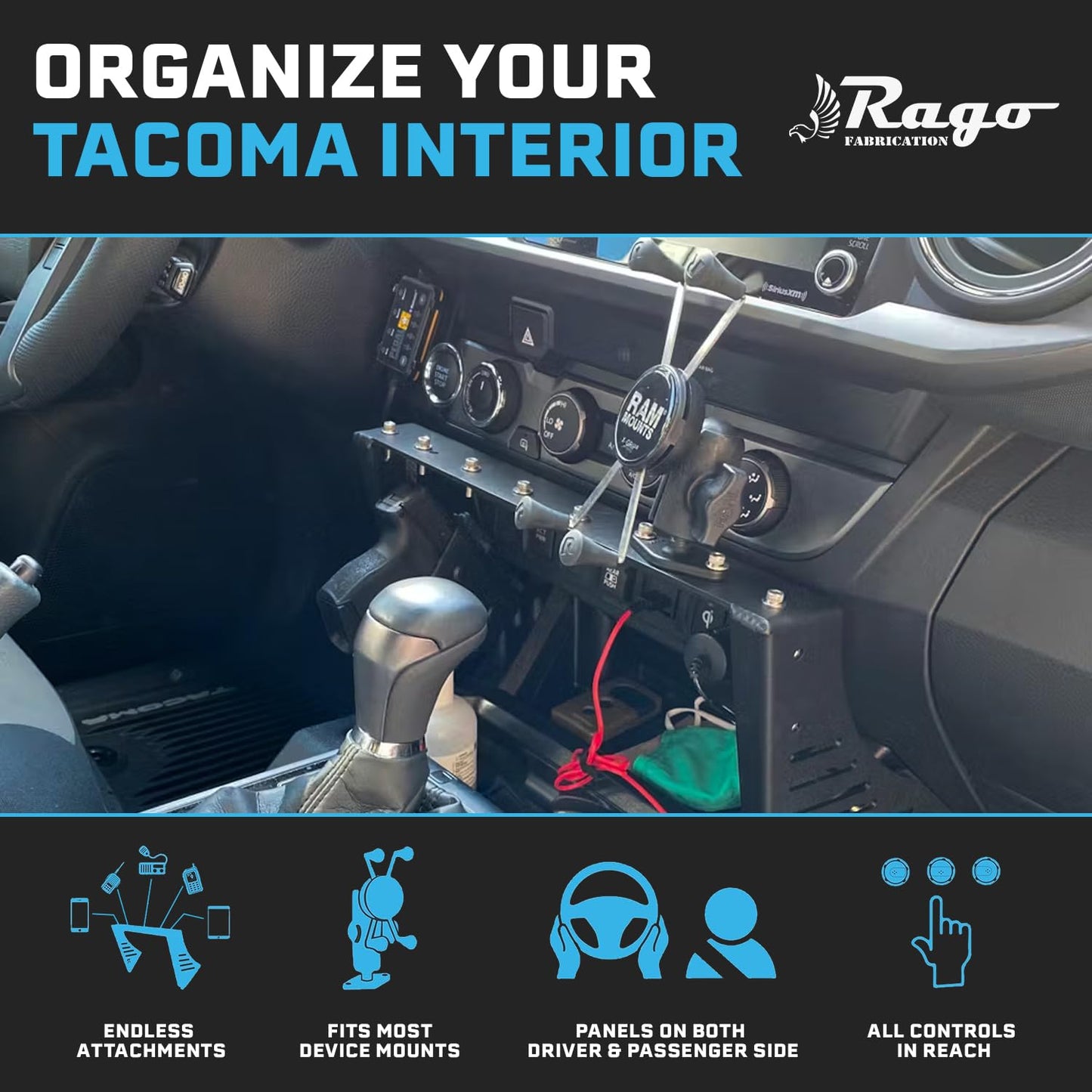 Rago Fabrication Center Console Molle Storage Panel Compatible with 3rd Gen Tacoma 2016-2023 - Pickup Interior Organizer, Modular Gear Mount System for Tablets & GPS