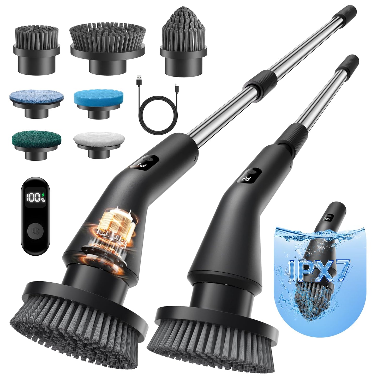 Leebein Electric Spin Scrubber, 2026 Upgraded Cordless Cleaning Brush Bathroom Scrubber, IPX7 Waterproof Electric Scrubber with 7 Brush Heads, Extendable Long Handle Power Scrubber for Bathtub Floor